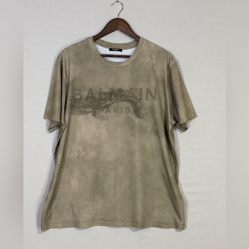 Balmain Paris Logo Graphic Tee Tan Distressed Look Size M Designer Streetwear
